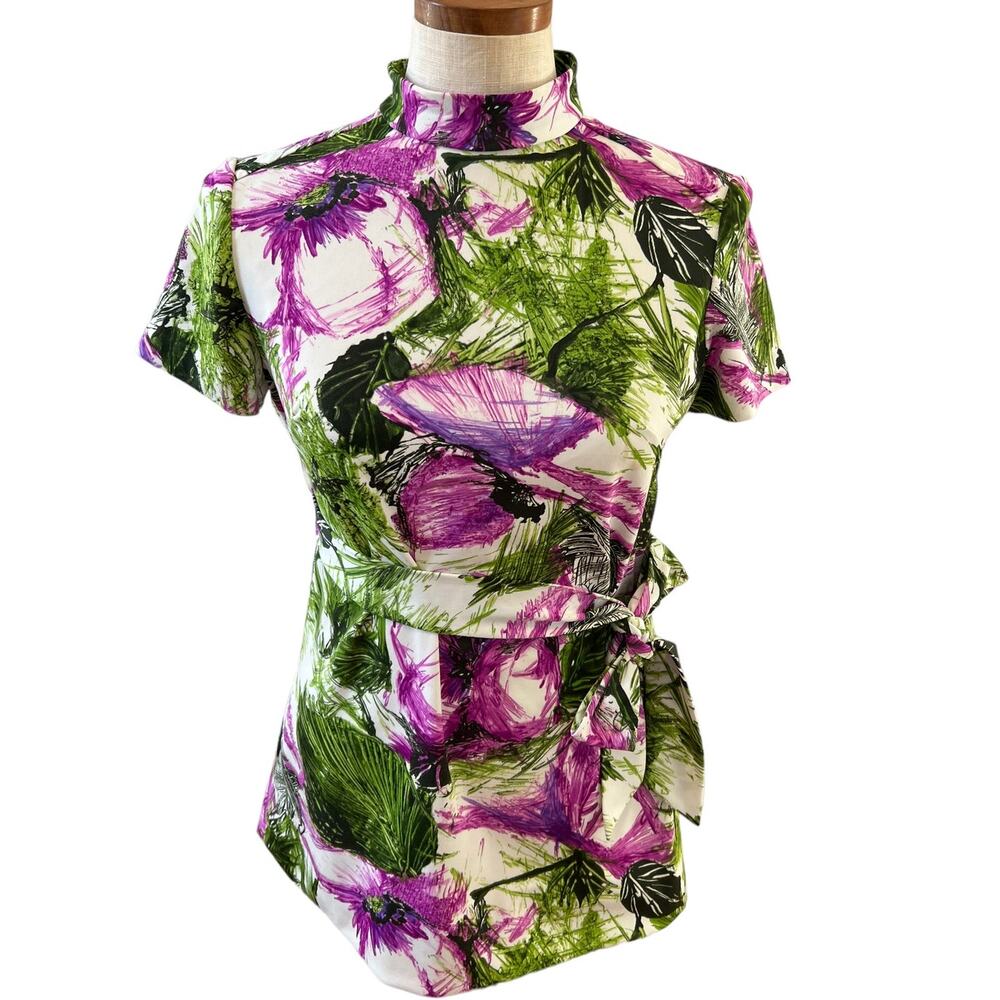Vintage 60s Mod High Neck Belted Peplum Top Hawaiian Hibiscus Print